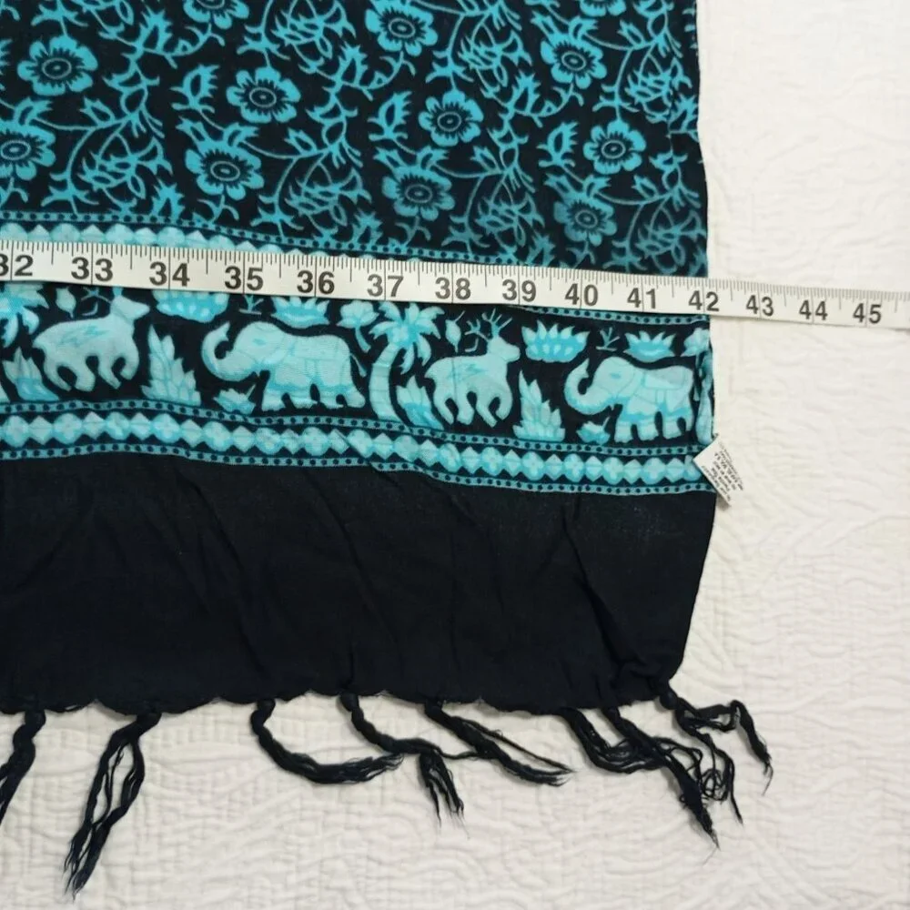 Bagus Scarf Or Throw Elephant Mandala Print Blanket Black & Teal Fringe Edges